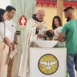Baptism in the parish’s provisional headquarters – Photo: Jesus the Good Shepherd Parish